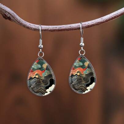 1 Đôi bông tai hình giọt nước bằng thép không gỉ 316 họa tiết phong cảnh cổ điển, kiểu dáng tối giản thanh lịch, phù hợp cho phụ nữ đeo hàng ngày và làm quà tặng, thích hợp làm trang sức đeo hàng ngày và trong các dịp lễ hội.