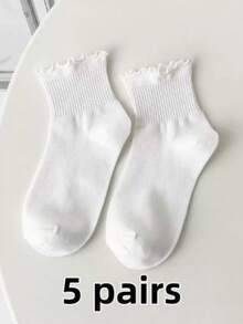 5双蕾丝边女士短筒玛丽珍鞋袜，春秋季女士白色袜子 - 彩色 - 查看 8