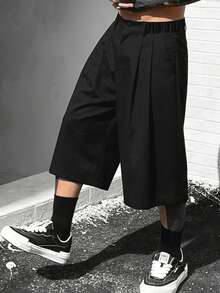 HEYKESON Men's Black Pleated Wide Leg Shorts, Button Waist Casual Street Style Shorts - Black - View 4