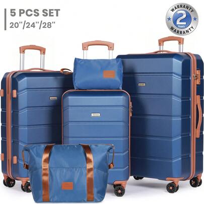 Luggage Sets Of 5 Piece, Lightweight Trolley Travel Suitcase Set ABS Hard Shell With 4 Spinner Wheels TSA Lock For Man Women, 21" + 24" + 28"+ Duffels Bag & Toiletry Bag-Blue