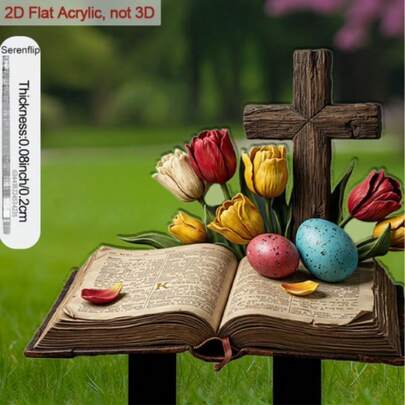 1 chiếc cọc trang trí sân vườn bằng acrylic 2D, đầu nhọn, thích hợp để đánh dấu đất, cắm hoa tulip, trứng Phục Sinh, thánh giá. Trang trí lễ Phục Sinh, lý tưởng để tô điểm cho bãi cỏ và chậu cây, trang trí ngoài trời và điểm nhấn, thiết kế phẳng 2D.