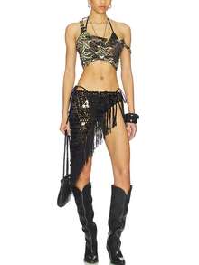 Women's Beach Crochet Shawls Wraps Fishnet Sequin Tassel Hip Scarf Hollow Out Cover Ups For Summer Bikini Clubs - 黑色 - 查看 6