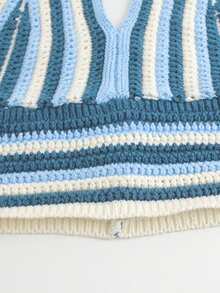 Women's V-Neck Sleeveless Contrast Color Hollow Out Tie Knit Sweater, Comfortable Resort Wear For Spring/Summer - Blue - View 7
