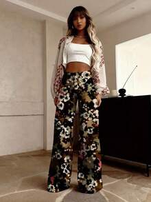 Plus Size, Women's Plus Size Wide-Leg 3D Denim Maxi Pants - Full-Body Print Wide-Stance Button-Fly Trousers, Beltless Winter Western Outfits (Earth Tones & Bold Denim), Machine-Washable For All-Season Casual Wear - 彩色 - 查看 1
