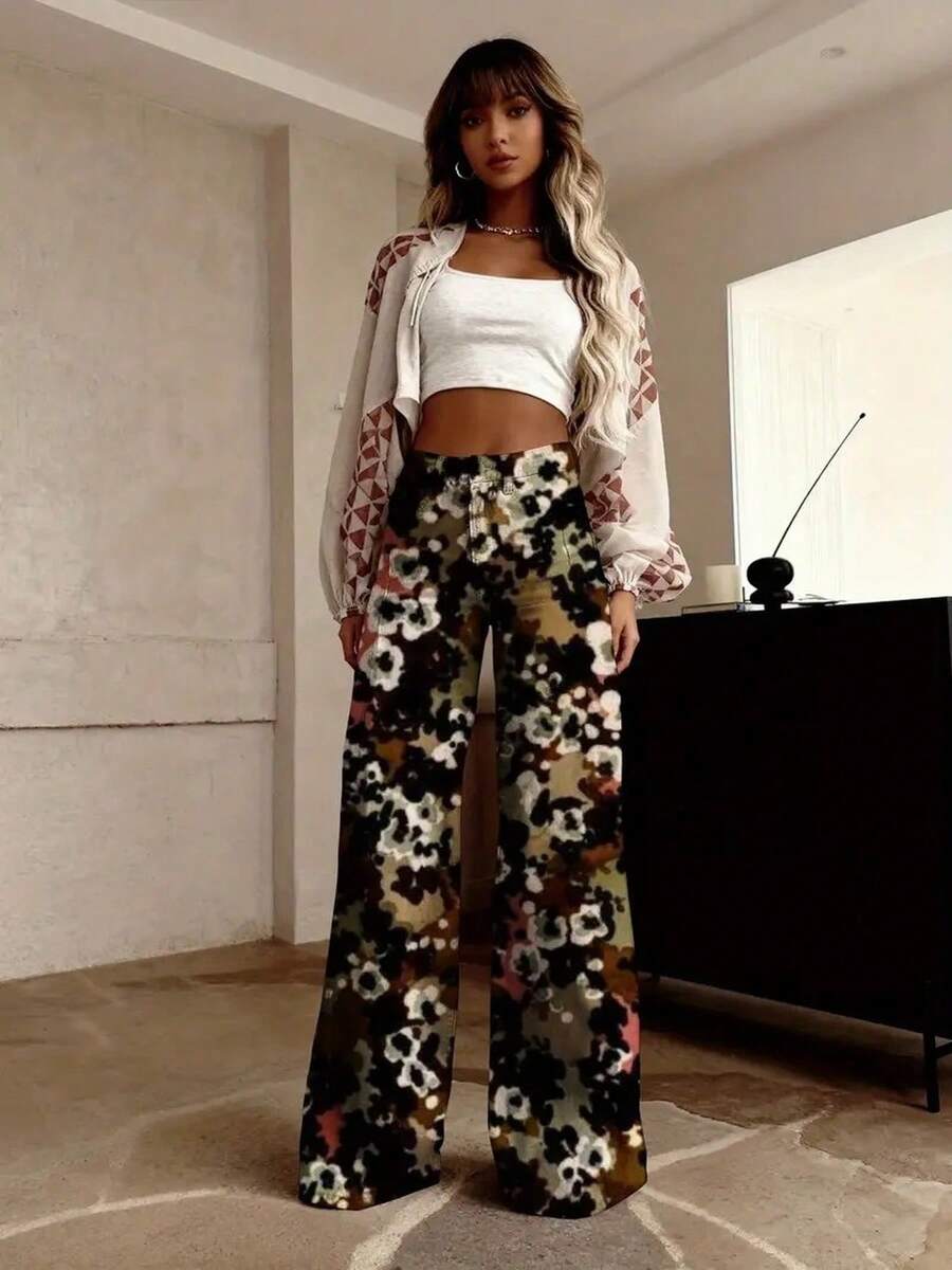 Plus Size, Women's Plus Size Wide-Leg 3D Denim Maxi Pants - Full-Body Print Wide-Stance Button-Fly Trousers, Beltless Winter Western Outfits (Earth Tones & Bold Denim), Machine-Washable For All-Season Casual Wear - 彩色 - 查看 1