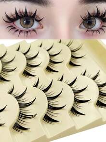 5对漫画风格假睫毛，湿润妆效，自然动漫假睫毛，单根纤细韩式妆容假睫毛，日式角色扮演假睫毛，浓密夸张假睫毛，纤细动漫娃娃假睫毛，卡通假睫毛 - 黑色 - 查看 1