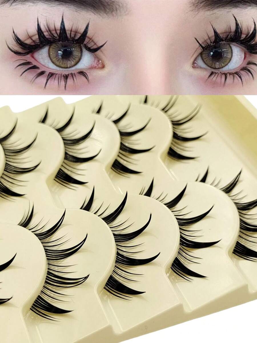 5对漫画风格假睫毛，湿润妆效，自然动漫假睫毛，单根纤细韩式妆容假睫毛，日式角色扮演假睫毛，浓密夸张假睫毛，纤细动漫娃娃假睫毛，卡通假睫毛 - 黑色 - 查看 1