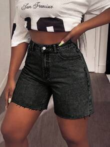 Plus Size Distressed Frayed Hem High Waist Washed Denim Shorts, Stretchy Fabric, Casual Summer Chic Retro All-Match Style - Dark Gray - View 8