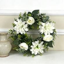 1 pièce Couronne artificielle de 20 pouces de grande marguerite et de pivoine, décoration de feuilles d'eucalyptus, couronne de fleurs artificielles pour la maison, le mariage, la fête, le porche, le mur, la fenêtre - Couronne de fleurs blanches artificielles - Voir 6