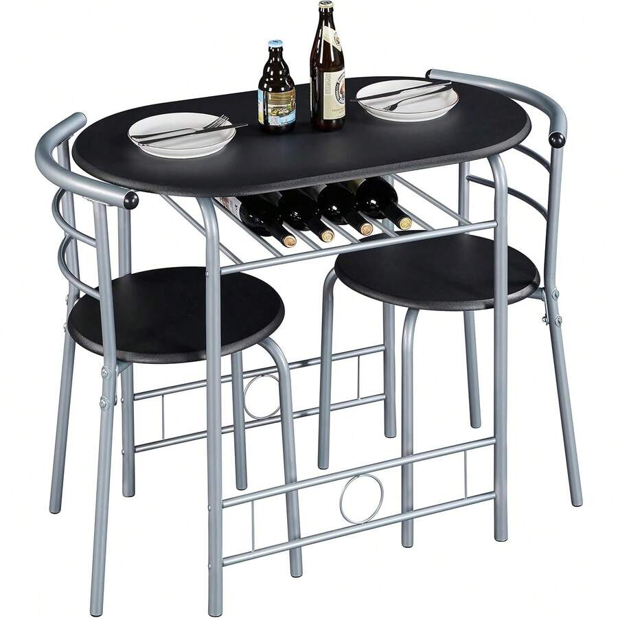 3 Piece Modern Dining Table Set, Kitchen Table And Chairs Set 2, Space Saving Table Set, Breakfast Nook Table Set With Steel And Storage Rack Kitchen/Small Space - Black - View 1