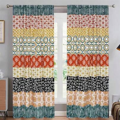 2片装波西米亚拼贴窗帘，复古曼陀罗图案杆式设计，时尚数码印花，适合客厅、卧室和办公室等色彩缤纷的家居装饰 - 室内装饰配件，2D平面图