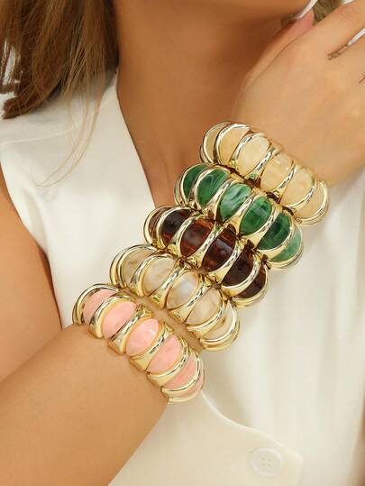 1 chiếc vòng tay co giãn bằng nhựa acrylic phong cách Art Deco dành cho nữ, hạt hình vòm vân đá cẩm thạch sang trọng với điểm nhấn hình chữ V mạ vàng, vòng tay bản to phân đoạn quyến rũ, phụ kiện đeo tay cao cấp có thể xếp chồng lên nhau cho buổi tối hẹn hò hoặc phong cách thanh lịch hàng ngày.