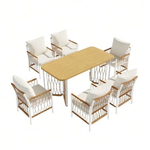 Modern Garden Set, Relaxation And Meeting Set For Several People, Iron Frame, Braided Armrests, Seat Cushions Included. - Beige - View 1