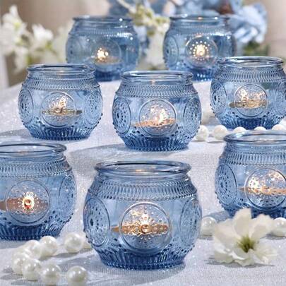 Bộ 1/6 chân nến thủy tinh cổ điển - Màu xanh dương, có bán sỉ, thích hợp trang trí tiệc, thắp nến tealight, đám cưới, quà tặng, sinh nhật, lễ tốt nghiệp và các dịp khác.