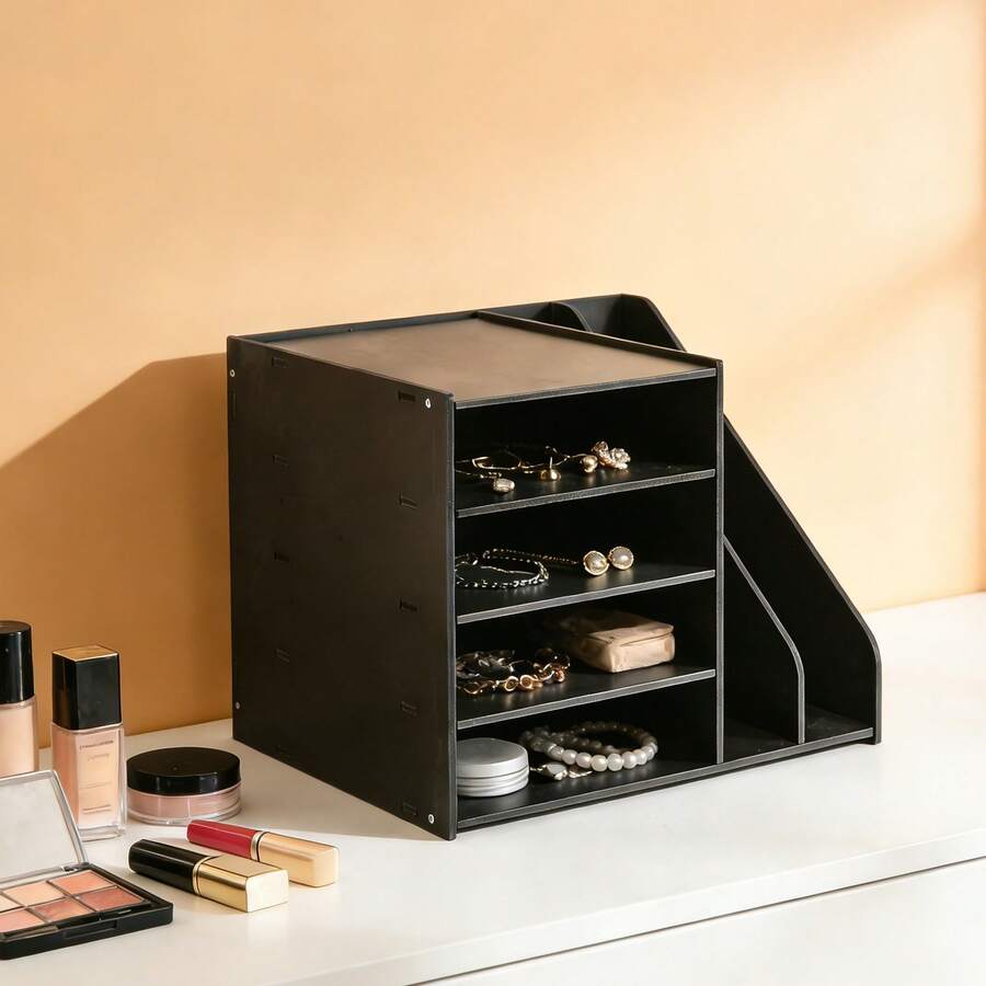 RibasuBB 6-Tier Desk File Organizer With 4 Horizontal Trays & 2 Vertical Sorters, Modern PVC Document Rack For Office, Home, Black - Black - View 1