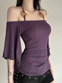 Sexy Off-Shoulder Ringed Wooden Beaded Halter Top For Women With Bell Sleeves, Irregular Niche Hot Girl T-Shirt, Ruched Slim-Fit  Style - 紫色 - 查看 4