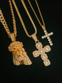 男士三件套金色链项链，镶钻耶稣头像和十字架吊坠，闪亮嘻哈项链 - 閃亮嘻哈項鍊 - 查看 9