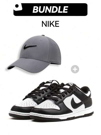 Nike Paquete de zapatillas casuales Dunk Low GS para mujer y gorra de béisbol, zapatillas con suela gruesa, transpirables y con amortiguación, color negro y blanco + gorra gris transpirable y de protección solar, conjunto versátil para uso diario CW1590-100+FB5625-084