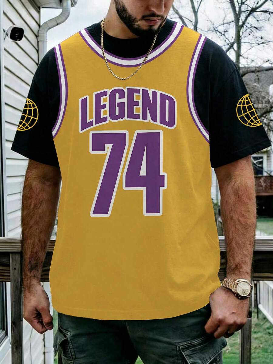 Áo thun nam "Legend 74", in hình áo đấu bóng rổ, kiểu dáng thường ngày, cổ tròn, tay ngắn. - Màu vàng - Xem 1