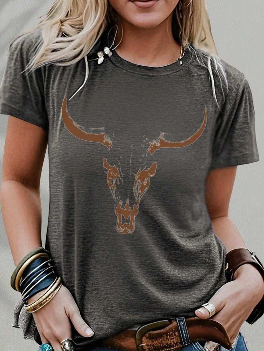 Bullhead Pattern T-Shirt - A Cutting-Edge Choice For Festival Enthusiasts And Bohemian Style Lovers - Fashionable Cowgirl Vibe - Soft Pure Cotton Material New Casual T-Shirts For Men And Women - 灰色 - 查看 1