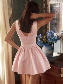 Vestido mini elegante con cuello en V, lazo, cintura fruncida y cola de pez con cremallera, adecuado para fiestas, cumpleaños, galas, bodas, eventos de cóctel, vacaciones familiares y fiestas de primavera - Rosa Pálido - Ver 2