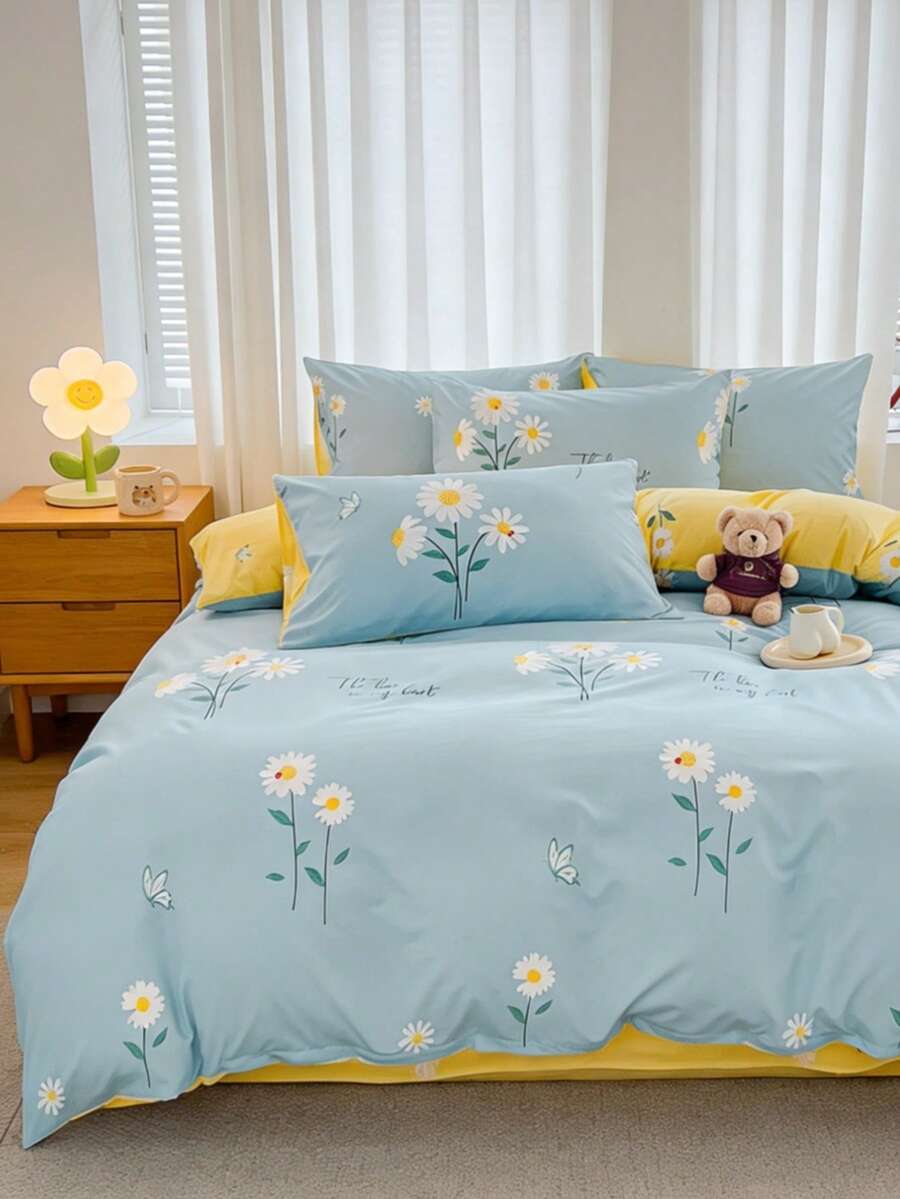 Bộ chăn ga gối 3 món/bộ sợi lô hội mềm mại, họa tiết hoa màu xanh (1 vỏ chăn + 2 vỏ gối), phong cách đồng quê thoáng khí, có nhiều kích cỡ, không bao gồm ruột chăn