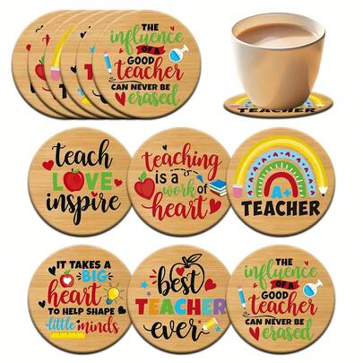6pcs Teacher's Day Appreciation Quotes Wooden Coasters Set, Suitable As Teacher's Day Gift. This Non-Slip 6-Piece Kitchen Coaster Set Is Perfect For Holiday Home Decor And Tableware, Suitable For Coffee Tables, Apartments And Bars To Hold Cups And Mugs.