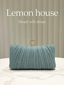 1pc Mint Green Shiny Pleated Elegant Small Clutch Bag, Formal Dress Bag With Rhinestone Chain, Fashion Clutch Purse For Evening Party, Wedding, Banquet, Suitable For Ladies - Mint Green - View 6