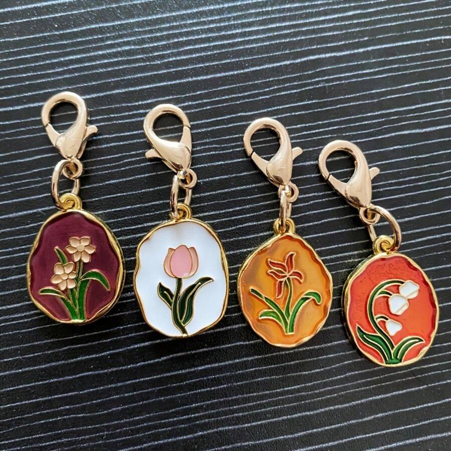 4件套合金珐琅油画郁金香吊坠,彩色花朵挂饰,包包钥匙扣,宠物挂件,装饰品。节日毕业教师节礼物生日礼物母亲节礼物节日必备毕业礼物可爱钥匙扣挂件配饰钥匙链 - 彩色 - 查看 1