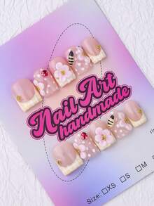 10件套手工方形美甲装饰贴片，裸色和黄色法式贴片，金色花朵、珍珠、水钻、爱心设计，Y2K蜜蜂坏女孩风格，适合派对、婚礼、日常佩戴，包含工具包，是送给女性和女孩的绝佳礼物。 - 黃色 - 查看 2