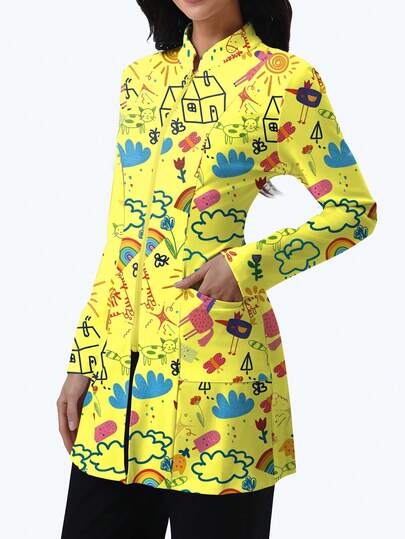 cimmuovere Áo khoác đồng phục y tế nữ in họa tiết, có khóa kéo và túi, thích hợp cho y tá, nha sĩ, nhân viên chăm sóc sức khỏe, bệnh viện thú cưng, phòng thí nghiệm.