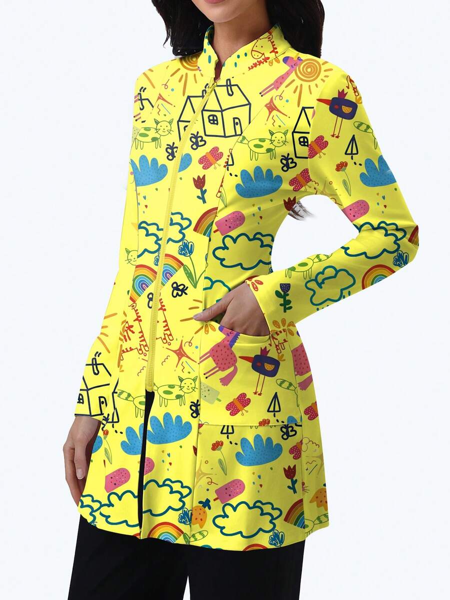 cimmuovere Women's Printed Zip-Up Scrub Jacket With Pockets, Workwear For Nurse, Dentist, Healthcare, Pet Hospital, Laboratory Spring - Lime Green - View 1