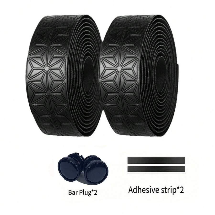1 Pair Anti-Slip Road Bike Handlebar Tape PU Shock Bar Tape W/ Bar End Plugs - Black Blue - 查看 1