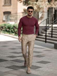 Men's Ribbed Henry Shirt Slim Fit Muscle T-Shirt Cotton Casual Long Sleeved Shirt,Suitable For Traveling, Keeping Warm As An Inner Layer, And Giving Gifts During Festivals - 酒紅色 - 查看 3