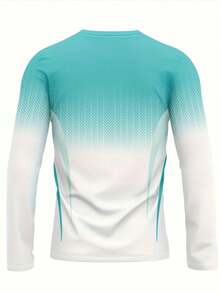 Men's Casual Sports 3D Print Long Sleeve Top - Black & White Design, Breathable Polyester, Round Neck - Machine Washable - Cadet Blue - View 3