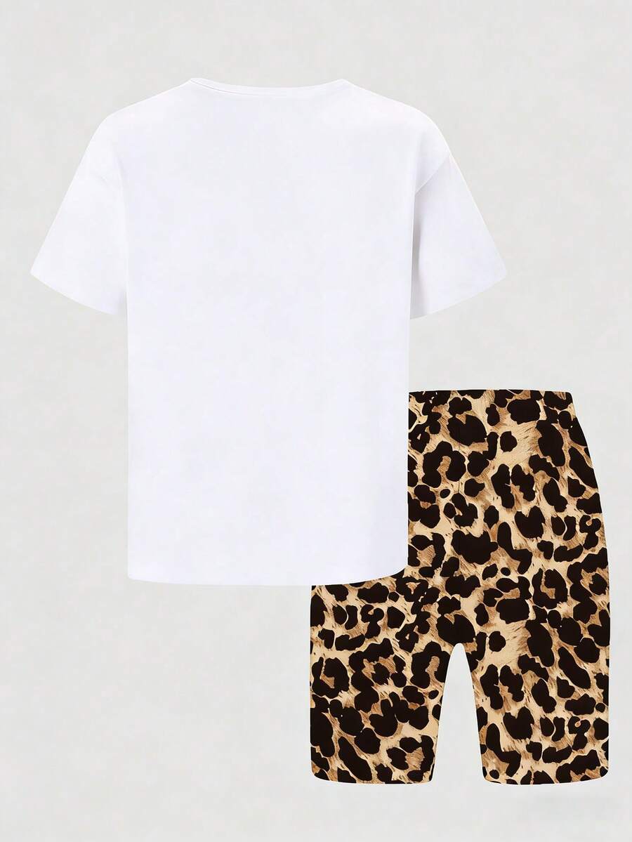 2件組青少年寬鬆短袖套裝，印字短袖上衣搭配豹紋緊身褲，夏季限定短袖套裝 - 白色 - 查看 1