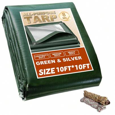 8 Mil Thick Silver-Coated Waterproof Green Polyethylene Tarp, UV Blocking, Suitable For Outdoor, Camping, Carport, Pool, Patio, Heavy Duty Sunshade And Rain Cover, Comes With Metal Grommets And Free Ropes