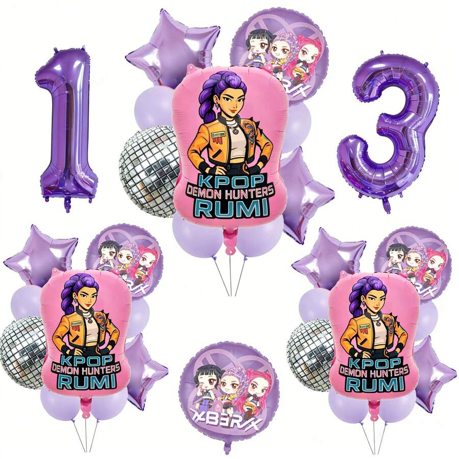 K-Pop Purple Flower Bouquet Disco Style Pink Cool Girl Music Theme Children's Birthday Party Decorations Ball Number Balloon Set, Baby Shower Party Supplies, Gift, Toys - View 1