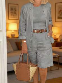 Women's Solid Linen Blazer & High Waisted Bermuda Shorts Two Piece Set, Casual Long Sleeve Lapel Jacket Outfit - Xám - Xem 5