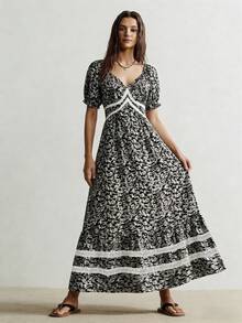 Rusttydustty 女士复古波西米亚碎花短袖收腰连衣裙，适合度假和日常穿着，春夏优雅风。 - 黑與白 - 查看 1