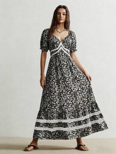 Rusttydustty 女士复古波西米亚碎花短袖收腰连衣裙，适合度假和日常穿着，春夏优雅风。