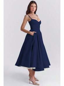 Women's Elegant Double Layered Flowy Dress, Classic Full Skirt A Line Swing Midi Gown, Lightweight Premium Casual Formal Dress, Modest Chic Party Wedding Guest Bridal Shower Evening Daily Outfit S-2XL - 藏蓝色 - 查看 3