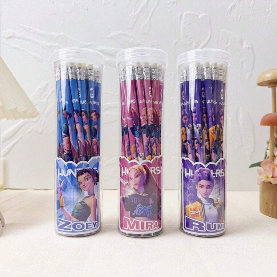 Hasbro 10支装女巫猎人主题铅笔，带橡皮擦，预削尖木质铅笔，适合圣诞节、万圣节、生日、返校、办公、K-Pop粉丝礼物，高品质书写绘画文具 - 多色 - 查看 1