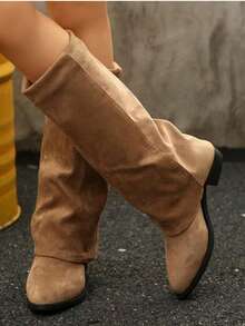 Suede Knee-High Boots For Autumn/Winter, French Style With Chunky Heel And Pointed Toe. Ref 9002 - Beige - View 12