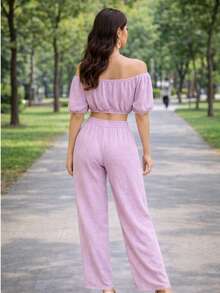 Set de dos piezas Ligero delgado Pantalón y blusa ombliguera de moda para mujer casual de uso diario de moda top corto unicolor para vacaciones - Lila Púrpura - Ver 3