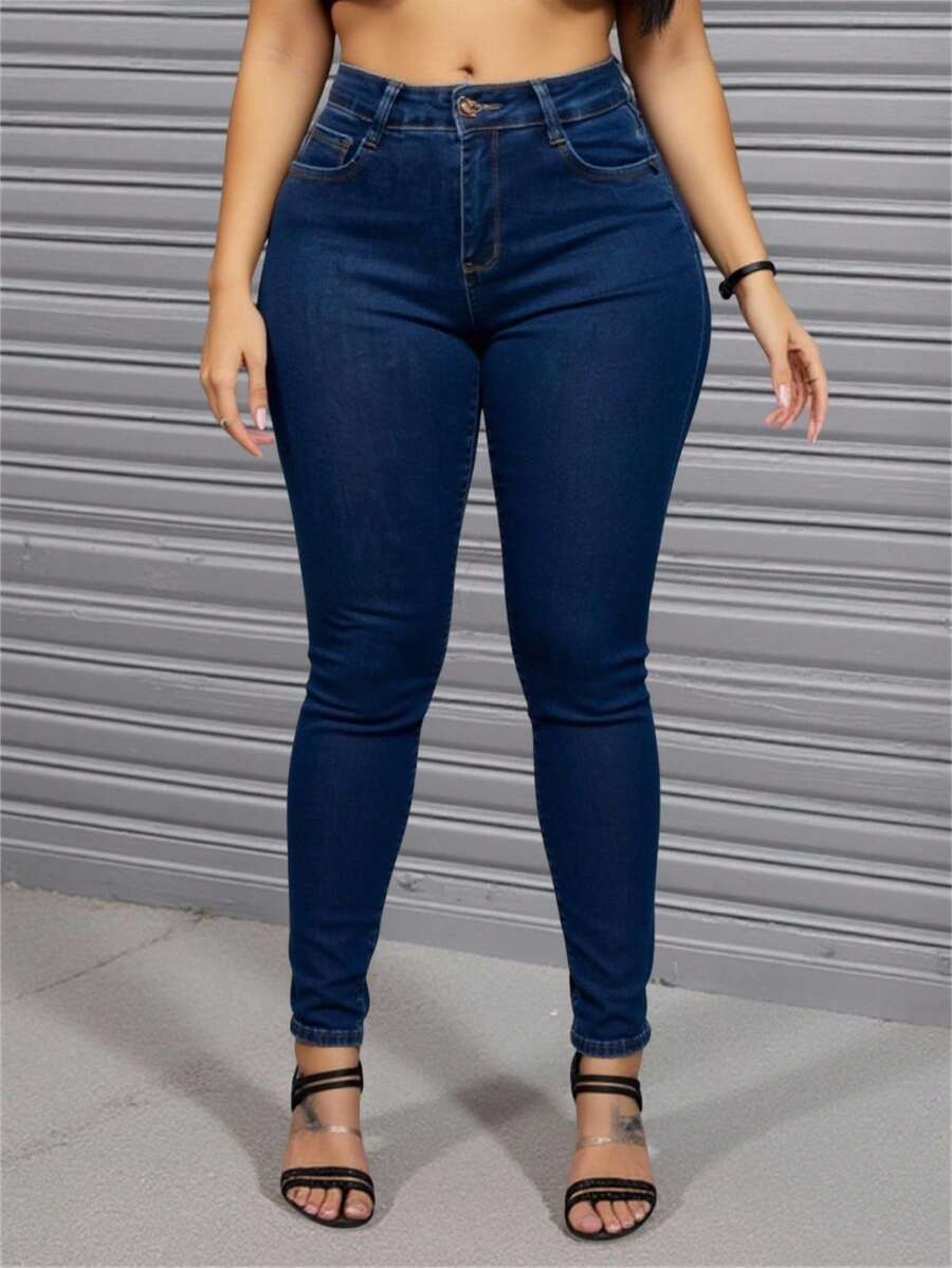 Jeans Vaqueros De Mezclilla Lisos Ajustados - Azul lavado oscuro - Ver 1
