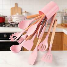 Premium 12-Piece Silicone Kitchen Utensil Set With Storage Bucket, Heat-Resistant Cooking Tools, Natural Wooden Handles, Non-Scratch, Suitable For All Cookware, A Must-Have For Home Chefs - 黑色 - 查看 5