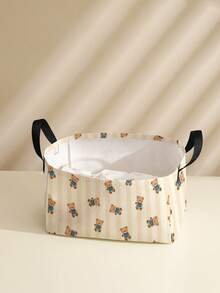 1pc Cartoon Bear Print Foldable Large Capacity Round Storage Basket With Handle, Multi-Purpose Storage Bin For Nursery, Baby Diaper, Clothes, Toys Organization - Multicolor - View 2