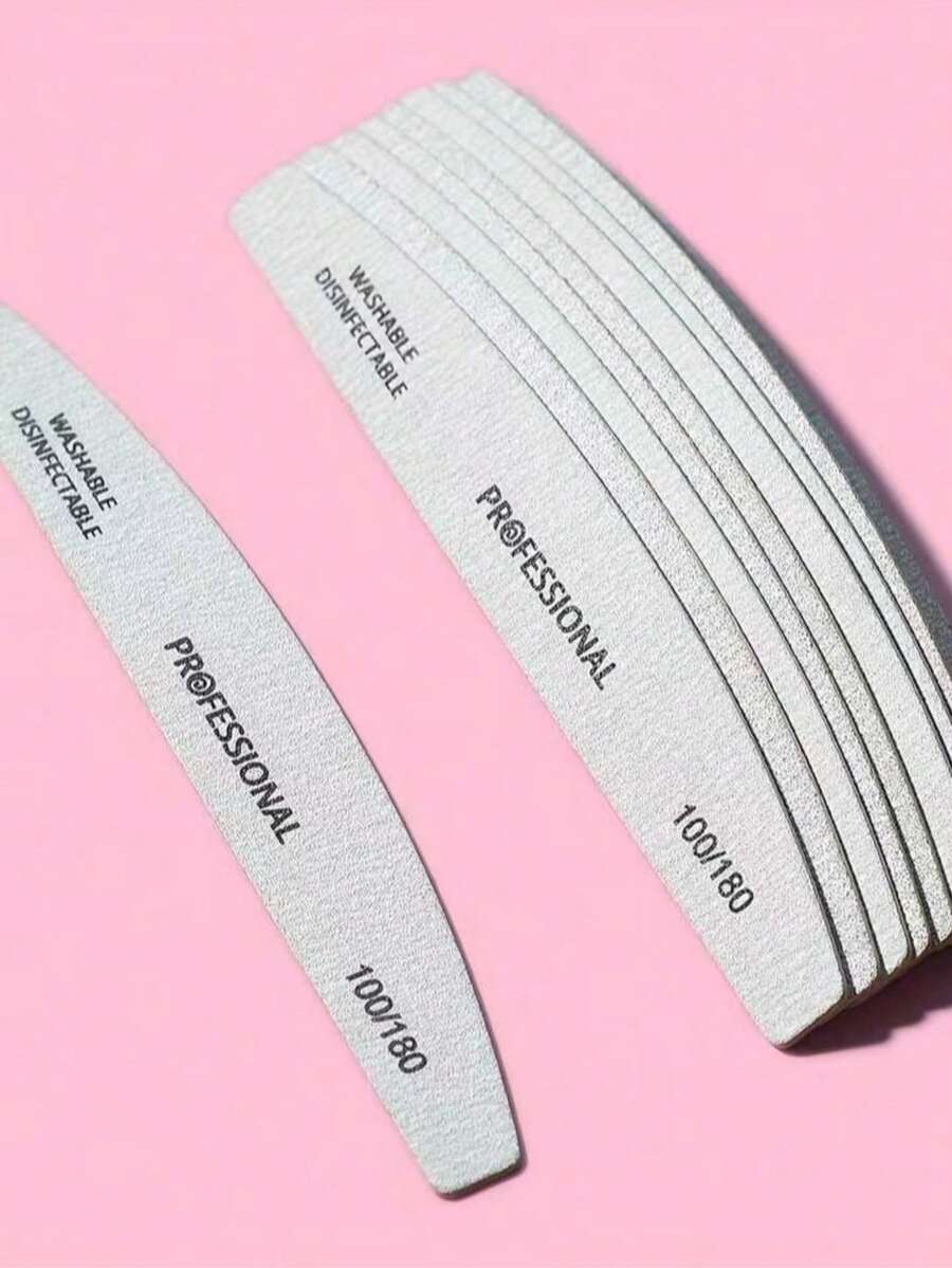 10pcs Crescent-Shaped 100/180 Grit Wooden Nail Files For Nail Care - Grey - View 1