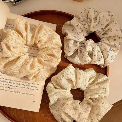 3pcs Floral Scrunchies, Ruched Fabric Elastic Hair Ties, Soft Casual Printed Hair Accessories Suitable For Women And Girls Daily And Summer Wear